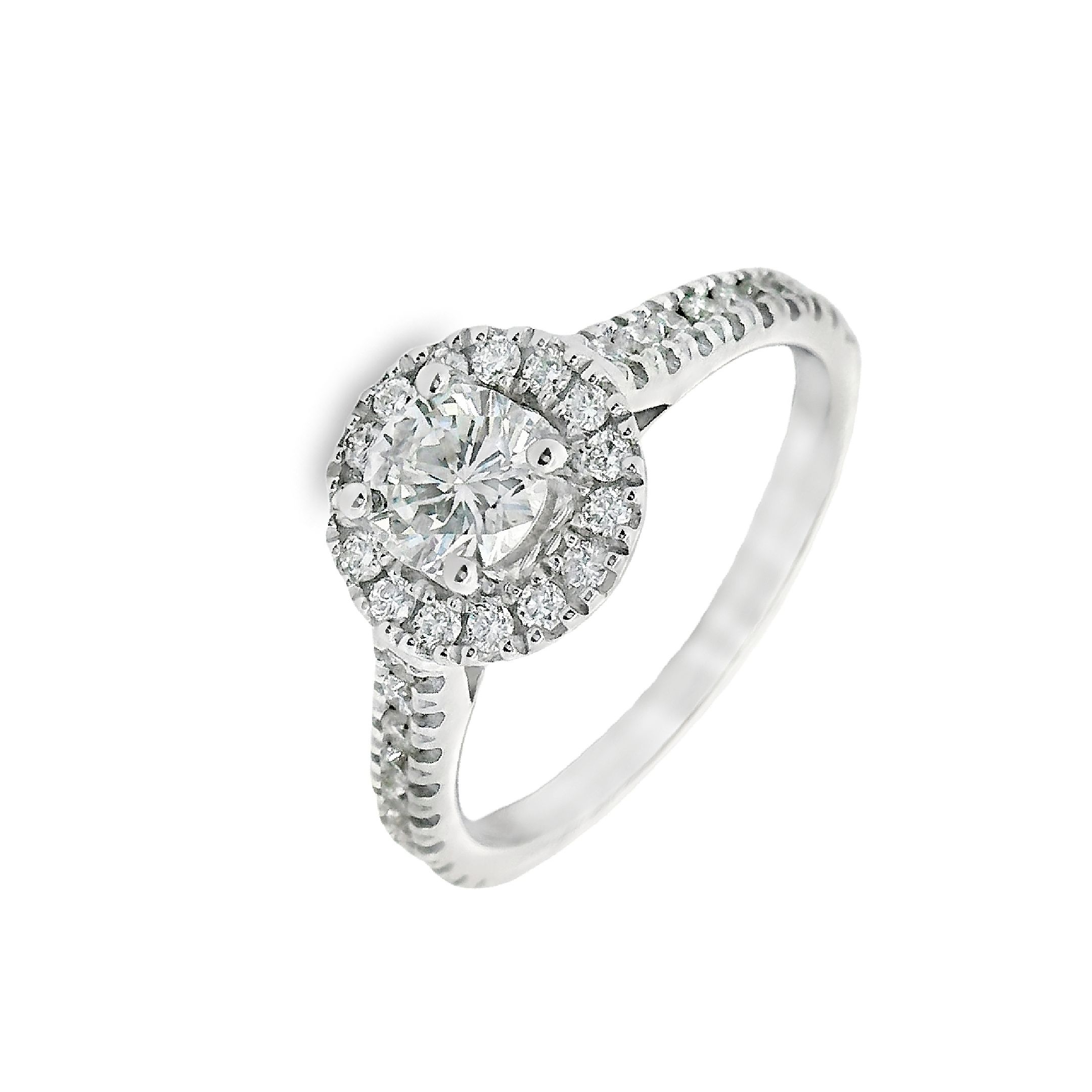 Deze ring van Louis Bros is vervaardigd uit 18 karaat witgoud (3.84 gr.) en is gezet met 34 briljant geslepen diamanten met een totaalgewicht van 0.80 ct. Deze buitengewone witgouden solitaire ring is een ware eyecatcher. Het schitterende steentje in het midden wordt omringd door een halo van stralende steentjes, terwijl de zij kanten ook versierd zijn met prachtige steentjes. Deze ring is niet alleen elegant en tijdloos, maar ook opvallend en apart. Laat deze bijzondere ring de persoonlijkheid en stijl van degene die hem draagt weerspiegelen en laat hem schitteren bij elke gelegenheid.
De ring is verkrijgbaar in meerdere afmetingen.

Verkrijgbaar vanaf 0.25crt .
Leverbare goudkleuren: 14/18kts geelgoud, 14/18kts witgoud, 14/18kts roségoud en alle bicolor combinaties.